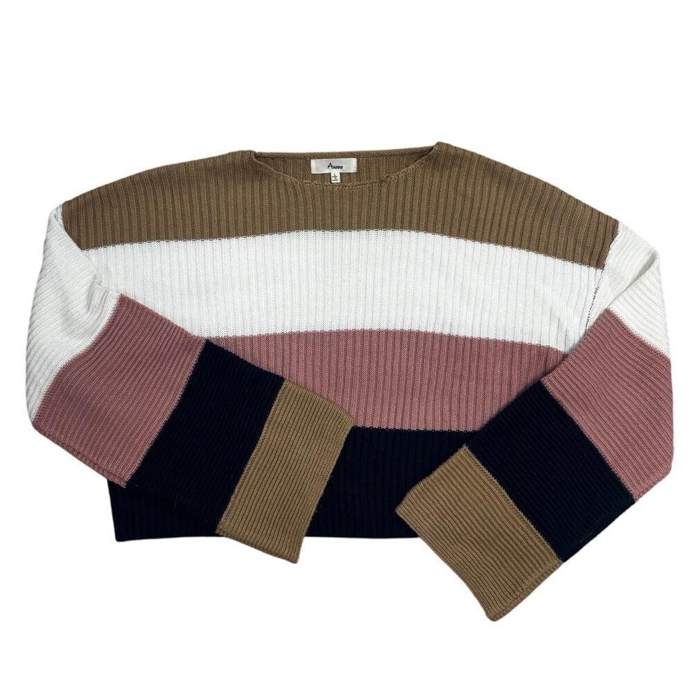 Colorblock Ribbed Sweater 🤎💗 Navy & Neutrals Striped Pullover - Size L